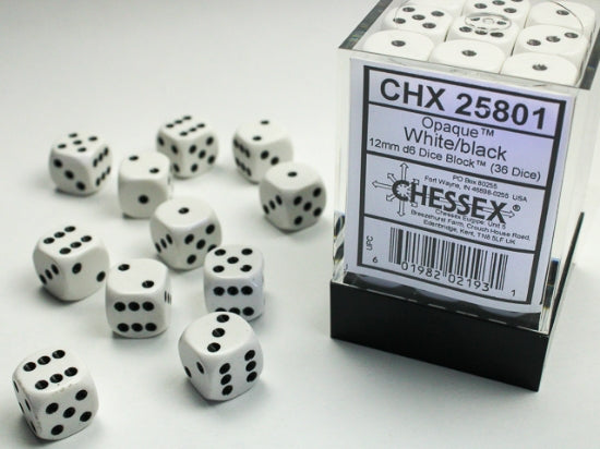 36 White w/black Opaque 12mm D6 Dice Block - CHX25801