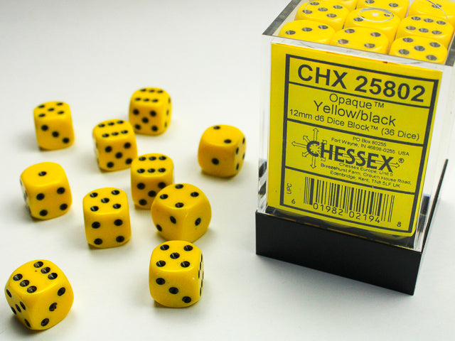36 12mm Yellow w/Black Opaque D6 Dice - CHX25802