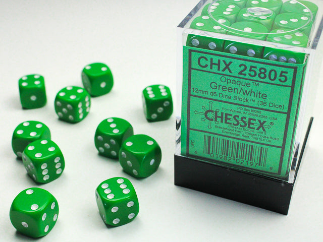 36 Green w/white Opaque 12mm D6 Dice Block - CHX25805
