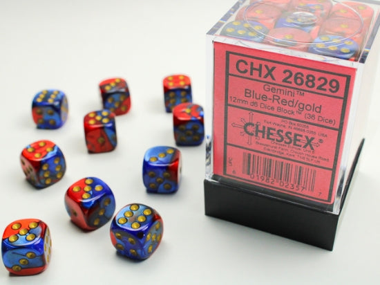 Gemini Blue-Red/gold 12mm d6 Dice Block (36ct) - CHX26829