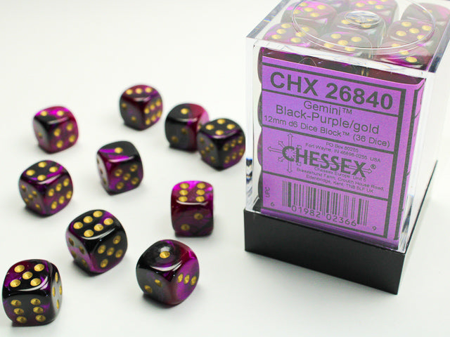 Black-Purple/Gold Gemini 12mm D6 Dice (36ct) - CHX26840