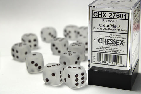 12 Clear w/black Frosted 16mm D6 Dice Block - CHX27601
