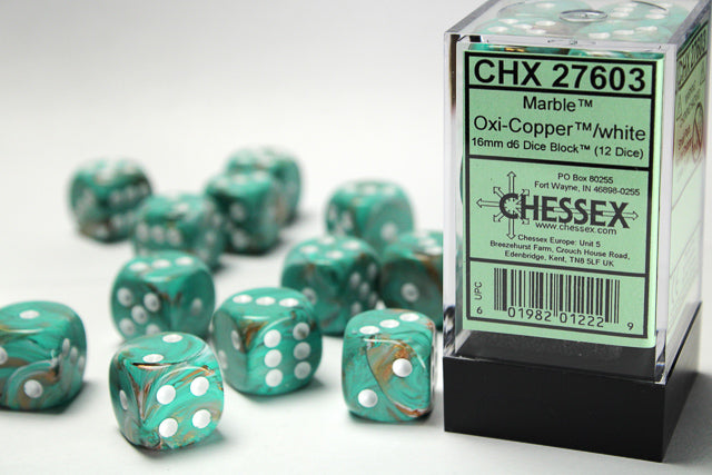 Chessex - 16mm d6 Dice Set: Marble - Oxi-Copper/White - CHX27603 (12 dice)
