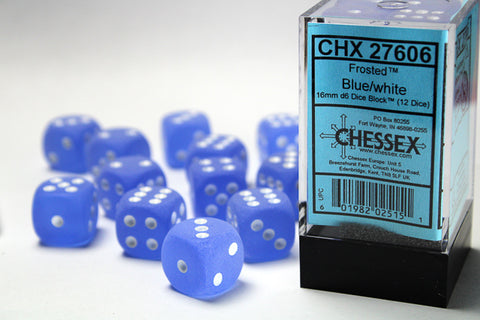 12 Blue w/white Frosted 16mm D6 Dice Block - CHX27606