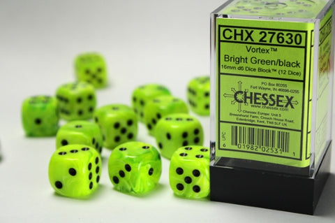 12 Bright Green w/black 16mm D6 Dice Block - CHX27630