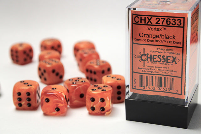 Chessex - 16mm d6 Dice Set: Vortex - Orange/Black - CHX27633 (12 dice)