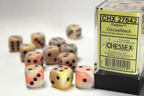 12 Circus w/black Festive 16mm D6 Dice Block - CHX27642