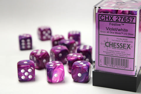36 12mm Violet w/White Festive D6 Dice - CHX27857