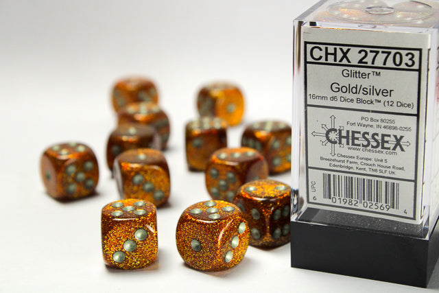 Glitter Gold and Silver 12ct 16mm D6 Dice Block - CHX27703