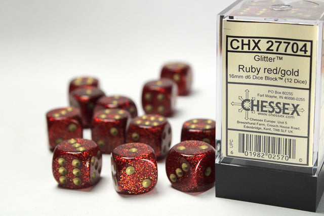 Glitter Ruby and Gold 12ct 16mm D6 Dice Block - CHX27704
