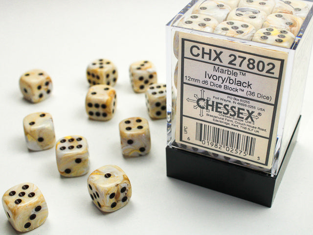 Marble Ivory/Black 12mm d6 Dice Block (36ct)- CHX27802