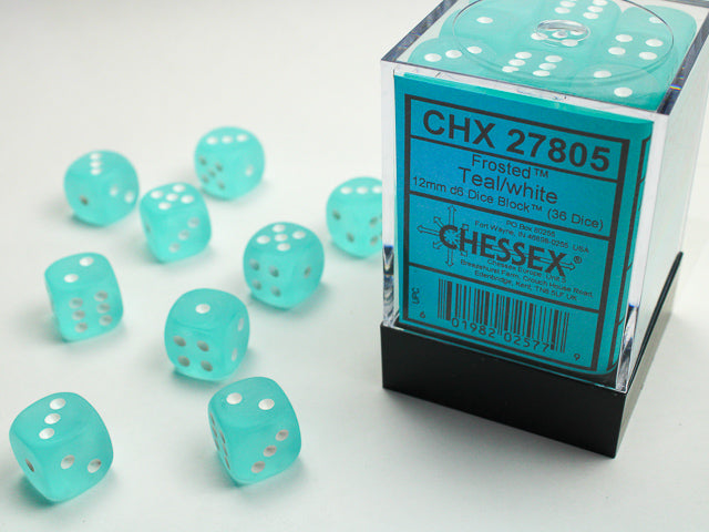 36 Teal w/white Frosted 12mm D6 Dice Block - CHX27805