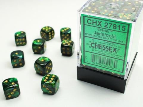 36 Jade w/gold Scarab 12mm D6 Dice Block - CHX27815