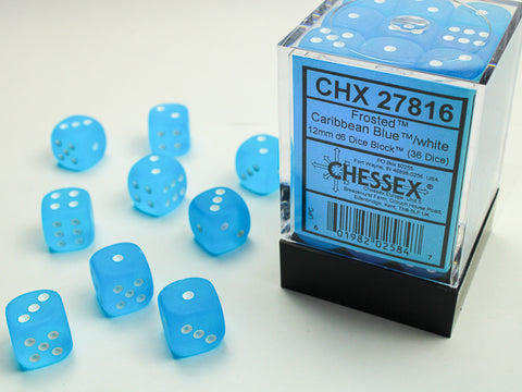 36 Caribbean Blue w/white Frosted 12mm D6 Dice Block - CHX27816