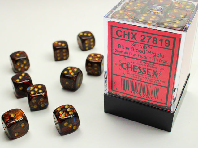 36 Blue Blood /gold Scarab 12mm D6 Dice Block - CHX27819