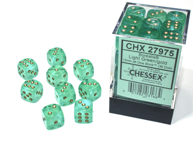 12mm Light Green/Gold Borealis D6 Dice (36ct) - CHX27975