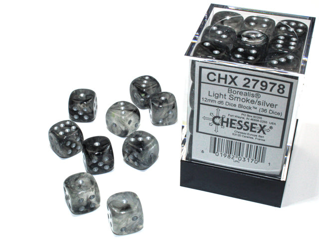 36 12mm Borealis Light Smoke/Silver D6 Dice - CHX27978