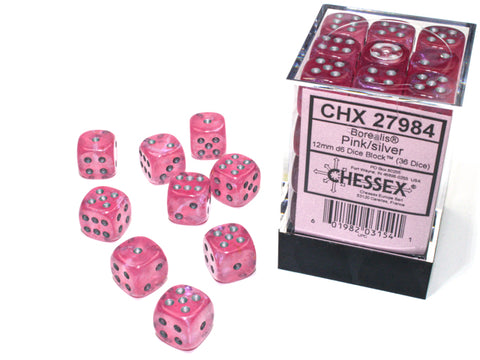 36 12mm Pink/Silver Borealis D6 Dice Set - CHX27984