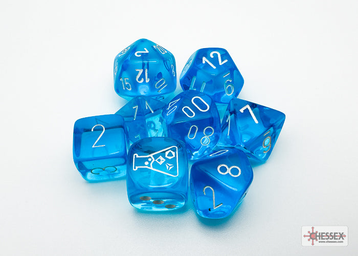 Chessex - Lab Dice - Translucent Tropical Blue/White Polyhedral 7-Dice Set (CHX30063)