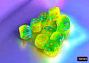 Chessex 16mm d6 Dice Set: Gemini - Plasma Green-Teal w/Orange - CHX 26670 (12)