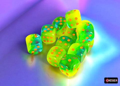 Chessex 16mm d6 Dice Set: Gemini - Plasma Green-Teal w/Orange - CHX 26670 (12)