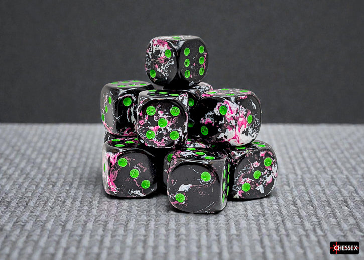 Chessex - 16mm d6 Dice Set: Brush - Paintball/Green - CHX24614 (12 dice)