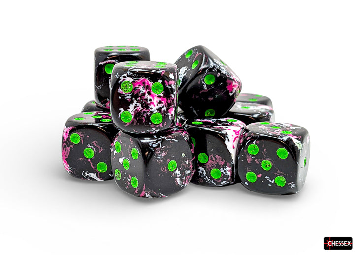 Chessex - 16mm d6 Dice Set: Brush - Paintball/Green - CHX24614 (12 dice)