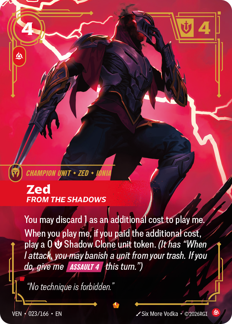 front of card Zed, From the Shadows [Vendetta] 023/166