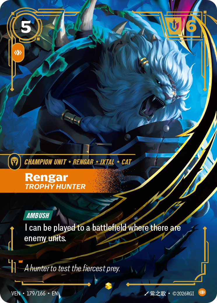 front of card Rengar, Trophy Hunter (Overnumbered) [Vendetta] 179/166