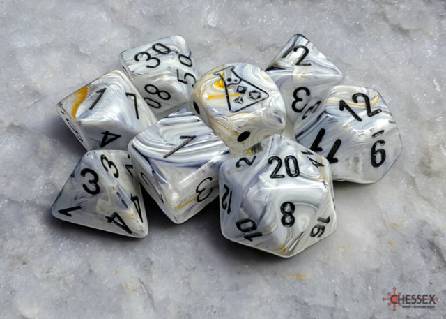 Chessex Lab Dice - Marble - Calcite/Black 7-Dice Set - CHX 30067