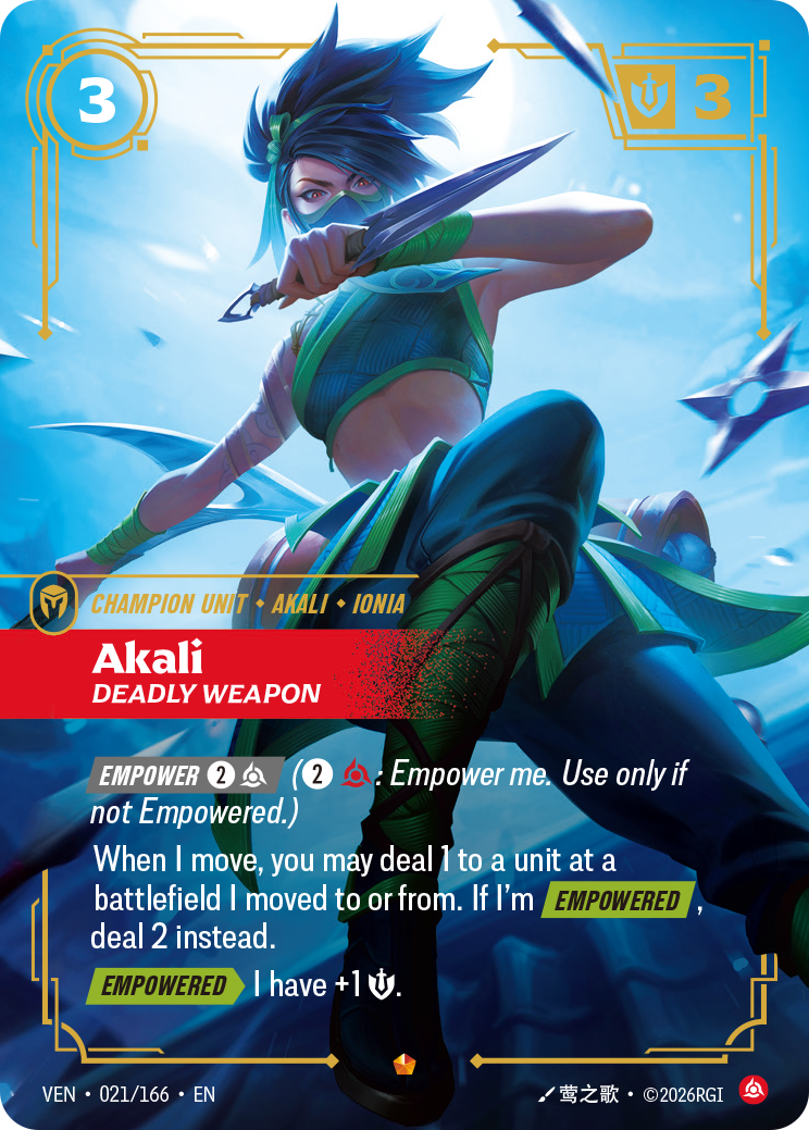 front of card Akali, Deadly Weapon [Vendetta] 021/166