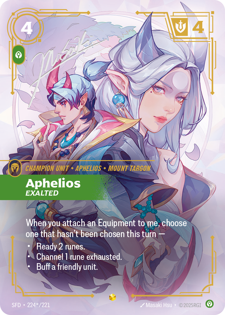 front of card Aphelios, Exalted (Overnumbered) (Signature) [Spiritforged] 224*/221