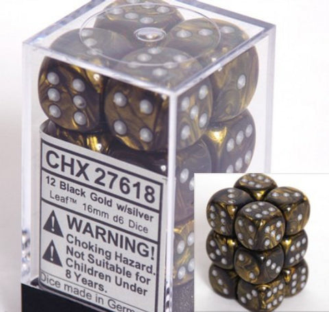 12 Black Gold w/silver Leaf 16mm D6 Dice Block - CHX27618