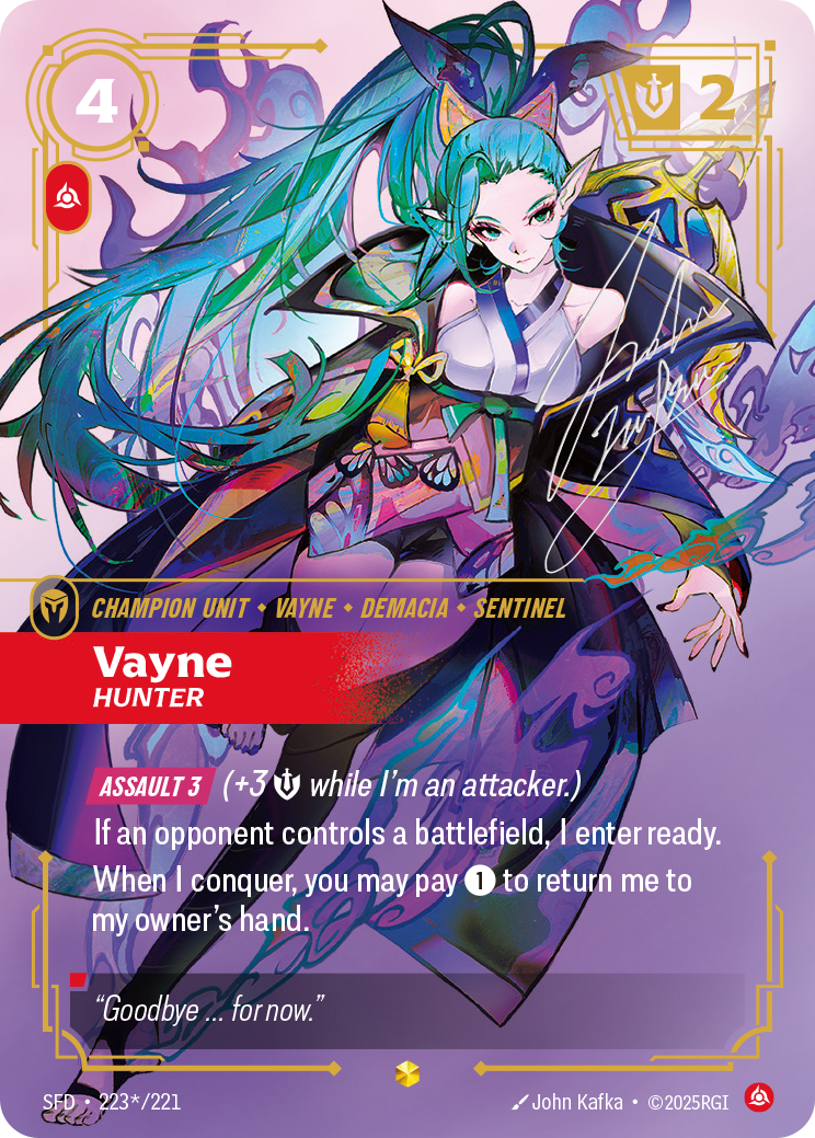 front of card Vayne, Hunter (Overnumbered) (Signature) [Spiritforged] 223*/221