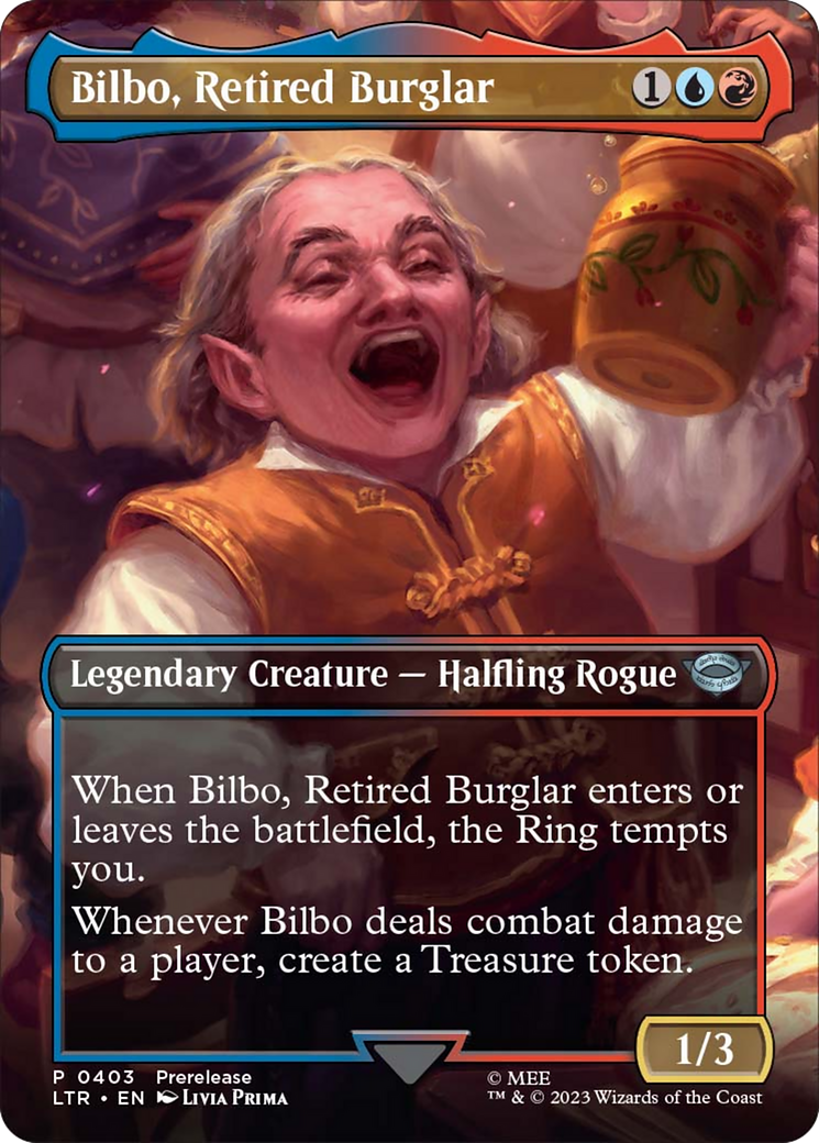 Bilbo, Retired Burglar (Prerelease No Stamp) (Borderless Alternate Art) [The Lord of the Rings: Tales of Middle-Earth]