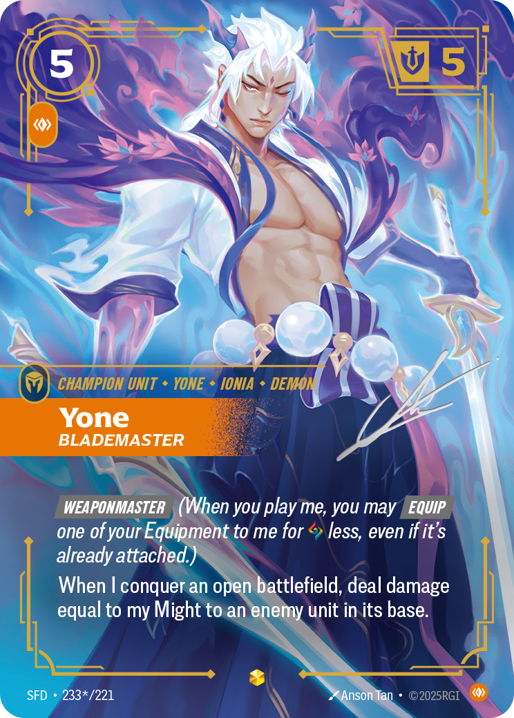 front of card Yone, Blademaster (Overnumbered) (Signature) [Spiritforged] 233*/221