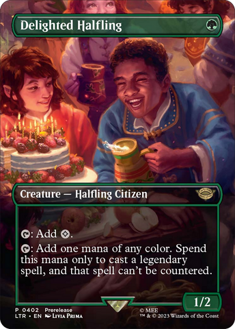 Delighted Halfling (Prerelease No Stamp) (Borderless Alternate Art) [The Lord of the Rings: Tales of Middle-Earth]