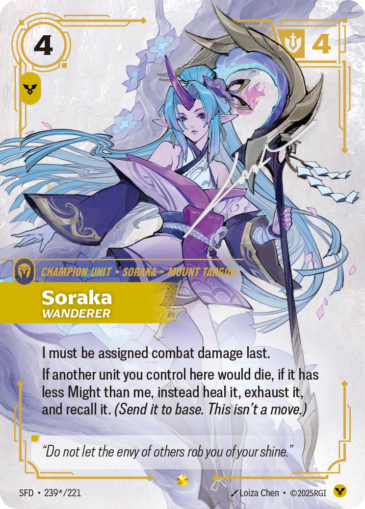 front of card Soraka, Wanderer (Overnumbered) (Signature) [Spiritforged] 239*/221