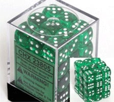 36 Translucent Green w/White D6 Dice Set - CHX23805