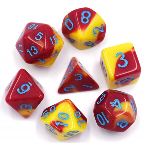 HD Polyhedral 7 Dice Set (Red+Yellow) Blue font Blend color dice