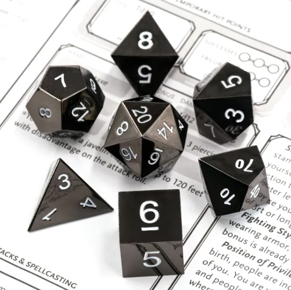 Metal Polyhedral Dice Set - Black w/ White (7pc)