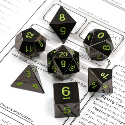 Metal Polyhedral Dice Set - Black w/ Green (7pc)