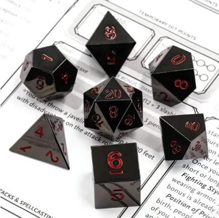 Metal Polyhedral Dice Set - Black w/ Red (7pc)