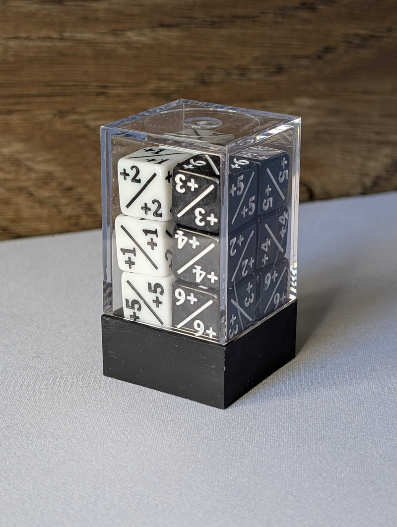 Mini Counter Dice Token Set of 12: (+1/+1) ONLY - Opaque Black & White