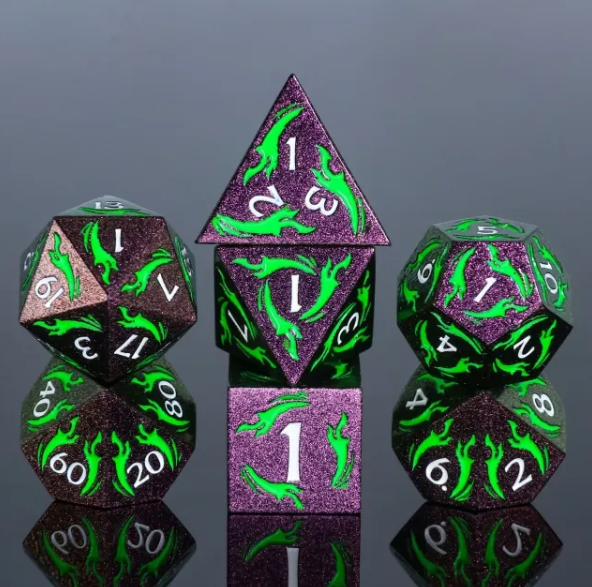 Metal Polyhedral Dice Set - Green Light Dagger (7pc)