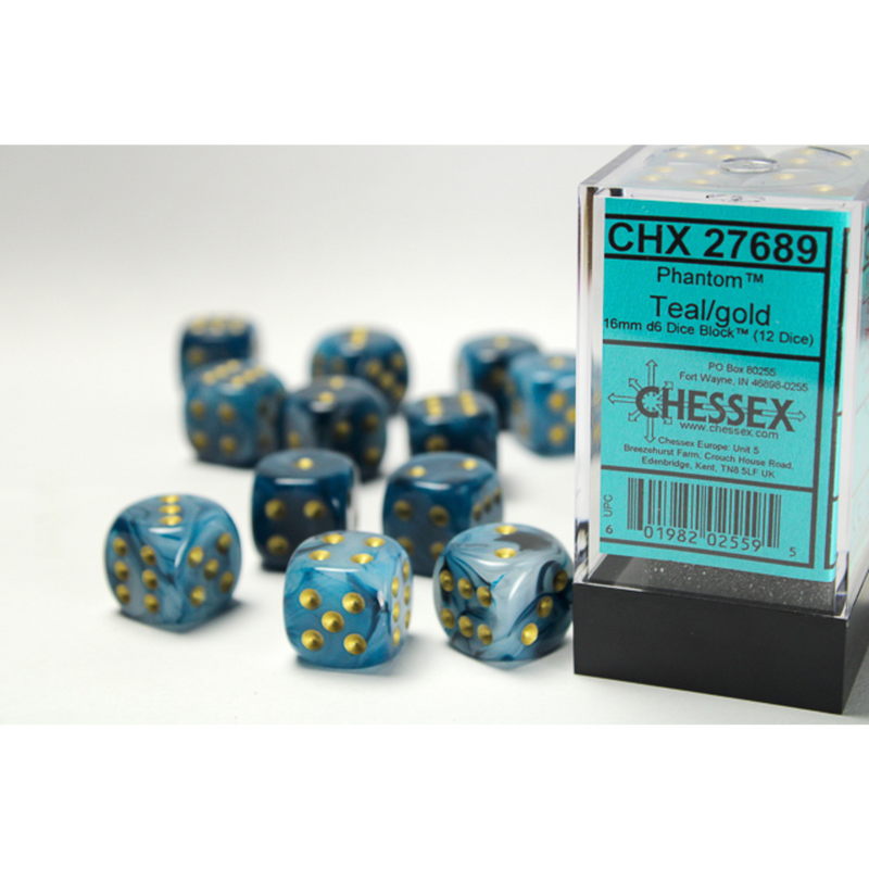 12 Phantom D6 Dice 16mm Teal/Gold - CHX27689