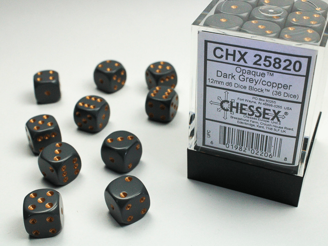 36 12mm Grey w/Copper Opaque D6 Dice - CHX25820