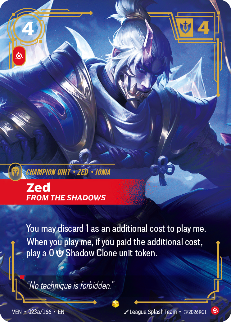 front of card Zed, From the Shadows (Alternate Art) [Vendetta] 023a/166
