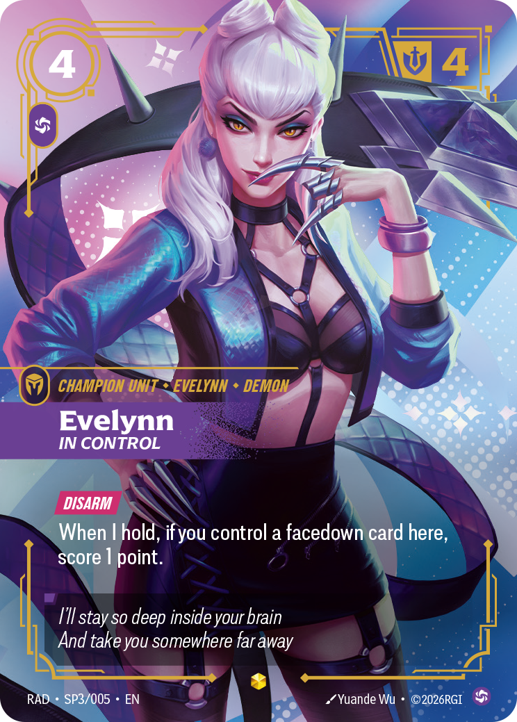 front of card Evelynn, In Control (K/DA Special Art Card) [Radiance] SP3/005