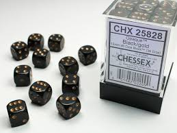 36 12mm Black w/Gold Opaque D6 Dice - CHX25828